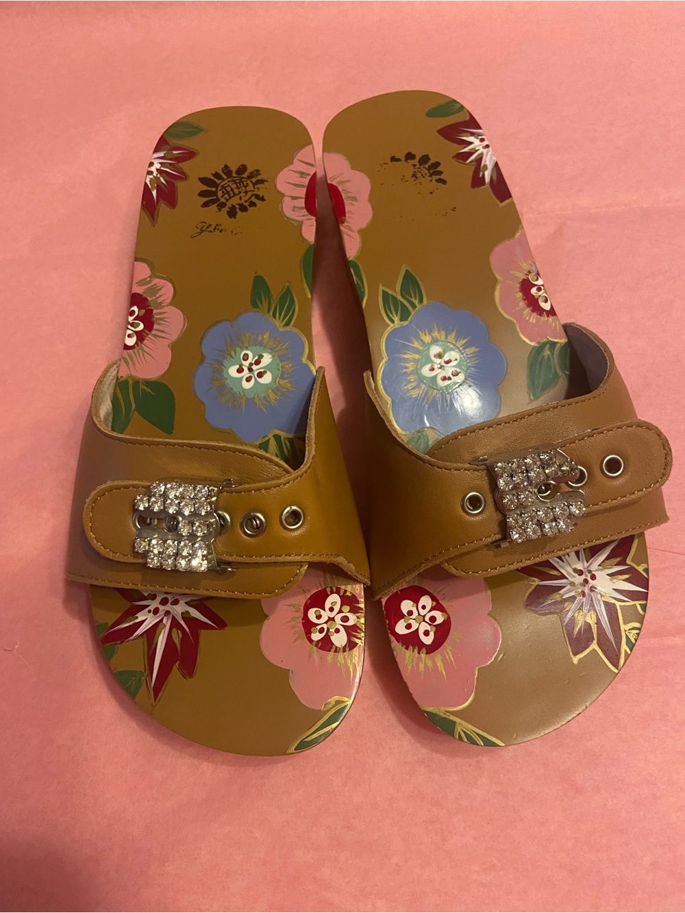 Tan Floral-Print Slide Mules with Crystal Buckle